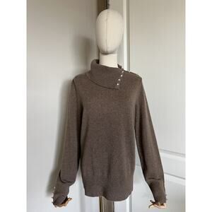 Mainbocher Sz XL 100% Cashmere BIG RHINESTONE Buttoned Solid Turtleneck Sweater